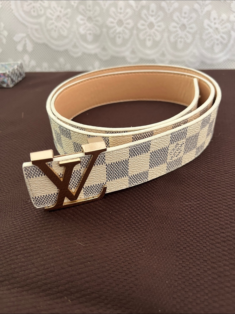 Louis Vuitton Damier Azur Check Belt - Cream and Light Blue 48” long